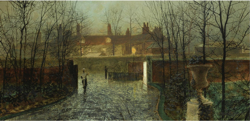 Hand-painted rainy evening street with village houses landscape oil painting on canvas