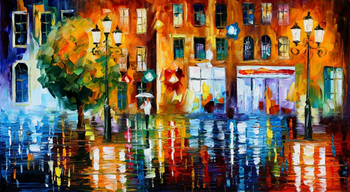 Rainy Street Abstract Landscape Oil Painting | City Reflections - Oil Painting Haven