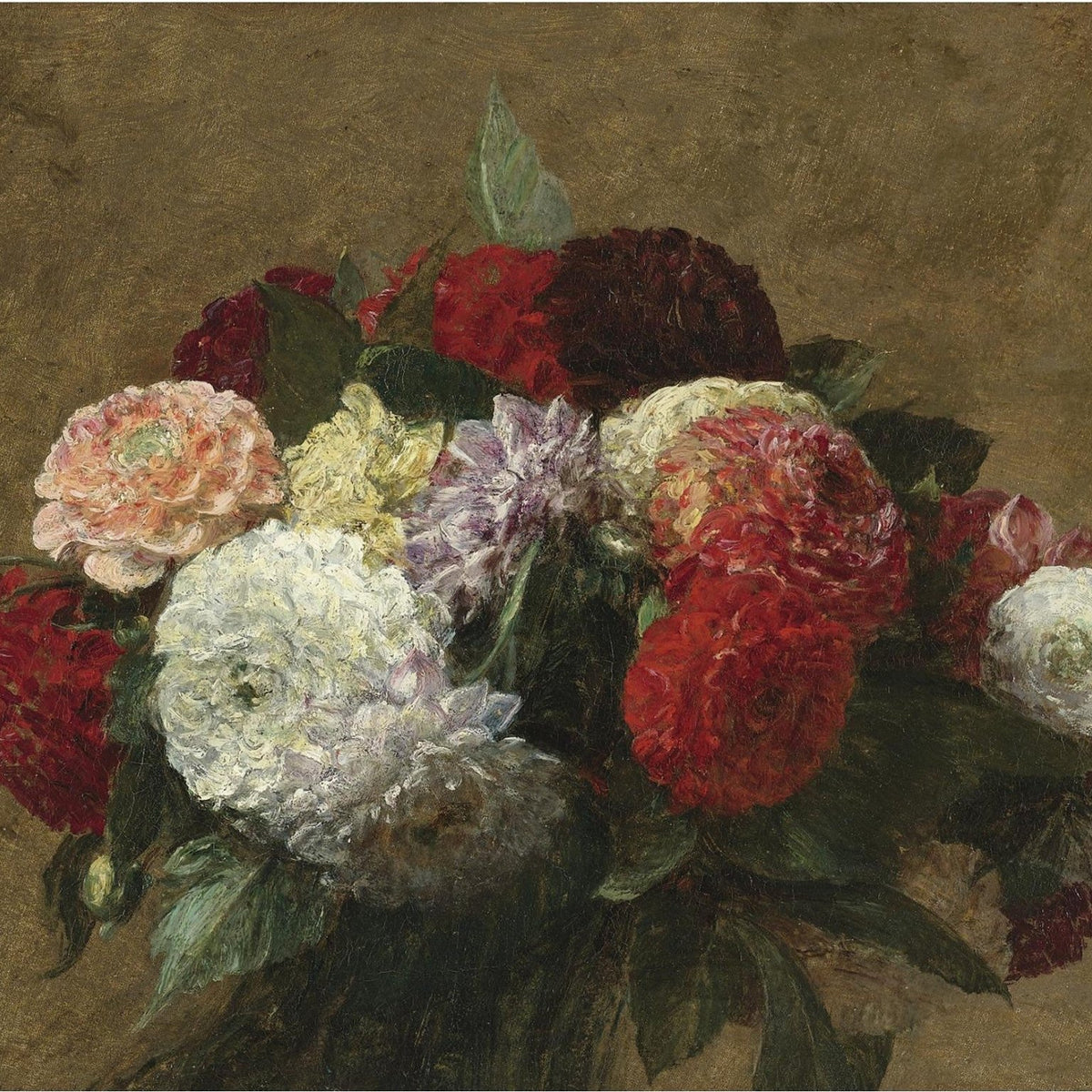 Red and White Dahlias Bouquet Still Life - Floral Oil Painting - Oil Painting Haven