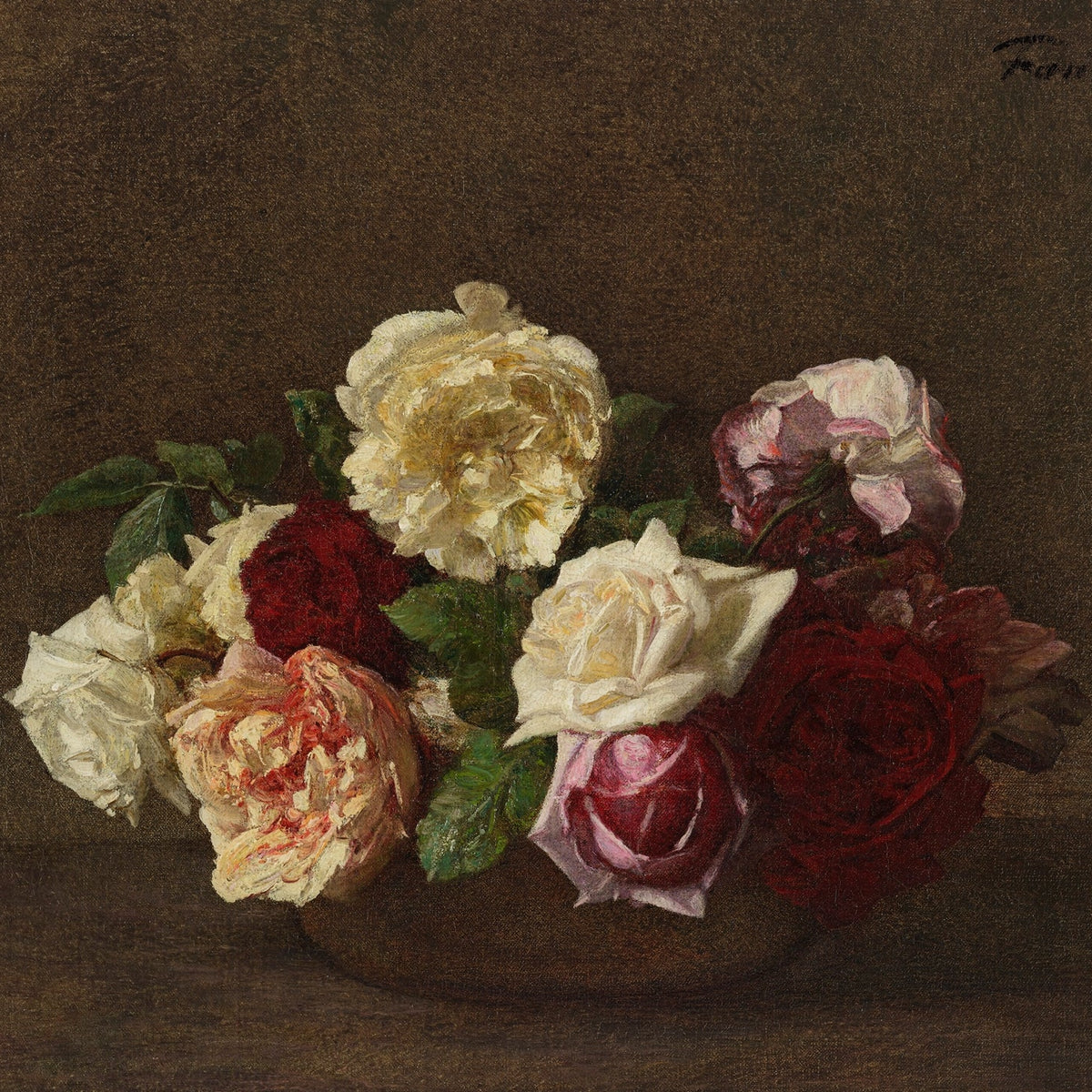 Red and White Roses in Rustic Bowl Still Life - Floral Oil Painting - Oil Painting Haven