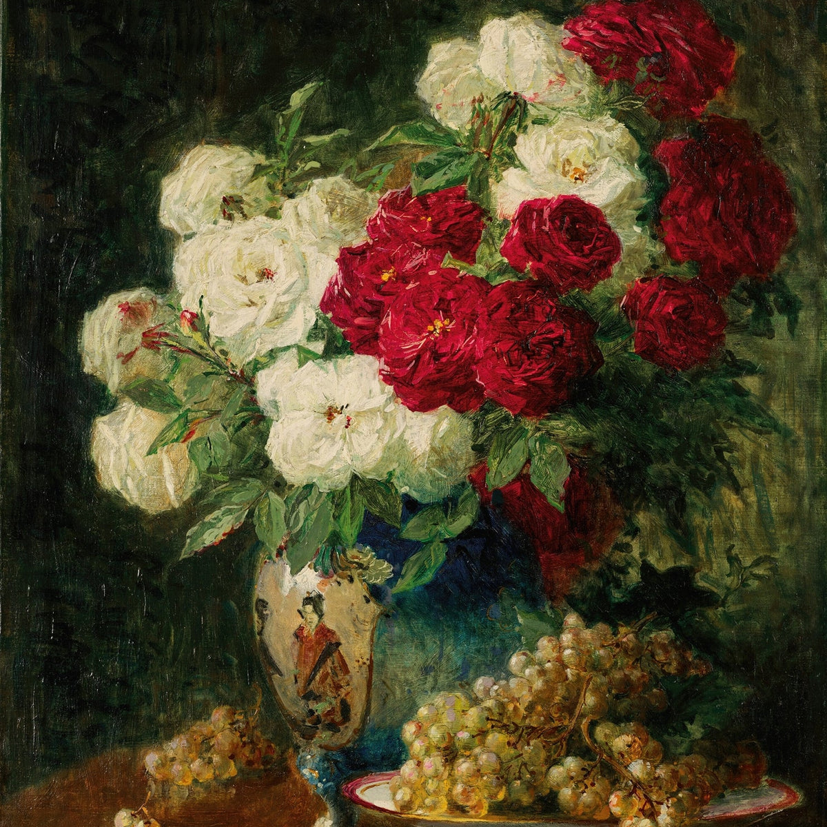 Red and White Roses in Vase Still Life - Floral Oil Painting - Oil Painting Haven