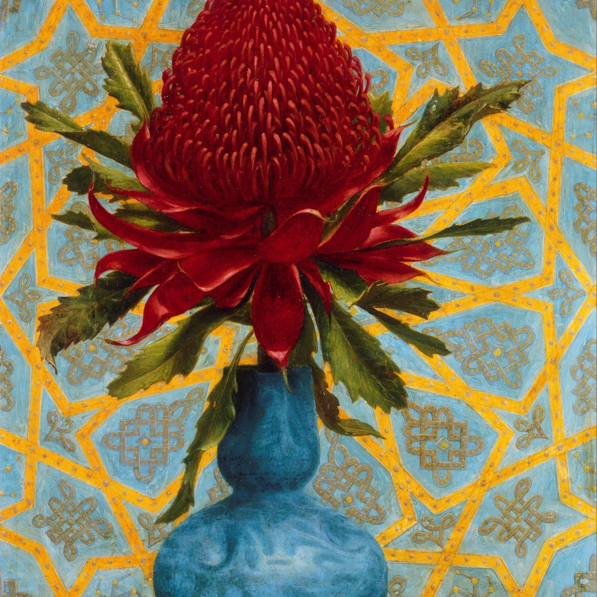 Red Banksia Flower in Blue Vase– Floral Oil Painting - Oil Painting Haven