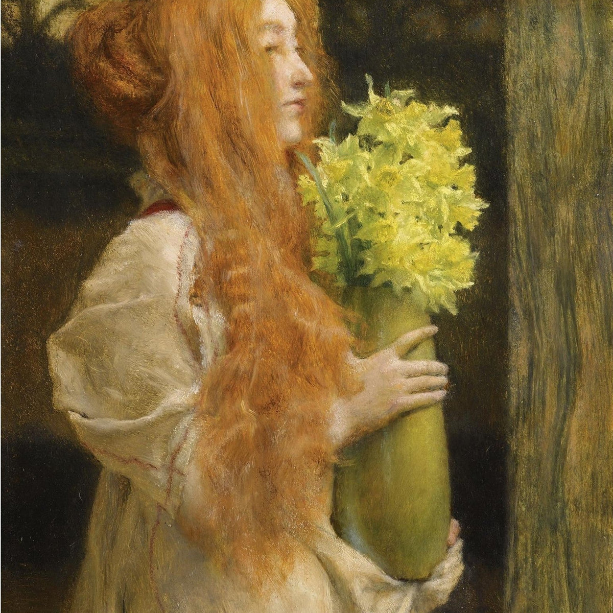 Red - Haired Woman Holding Yellow Flowers - People Oil Painting - Oil Painting Haven
