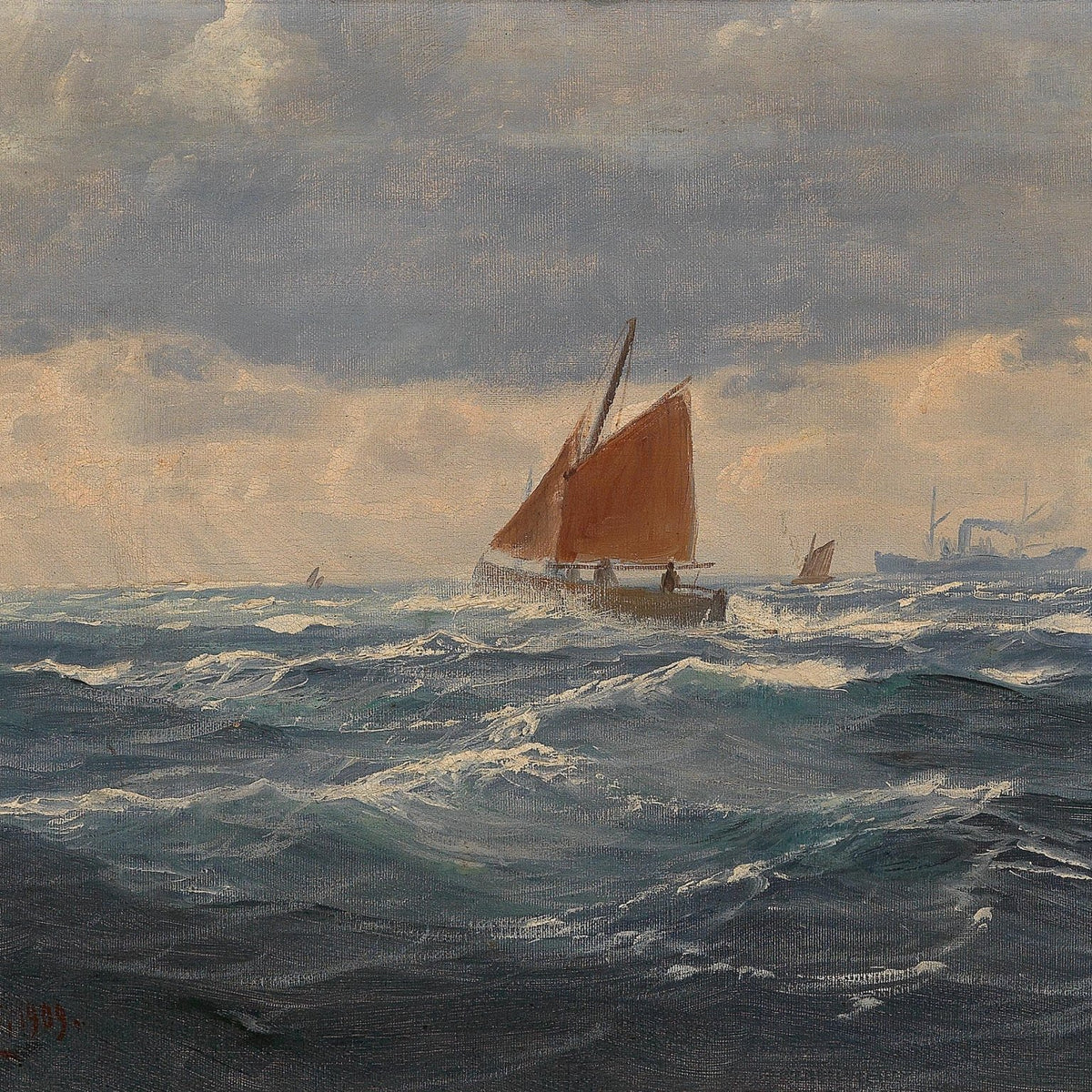Hand-painted red sail on open sea nautical oil painting on canvas