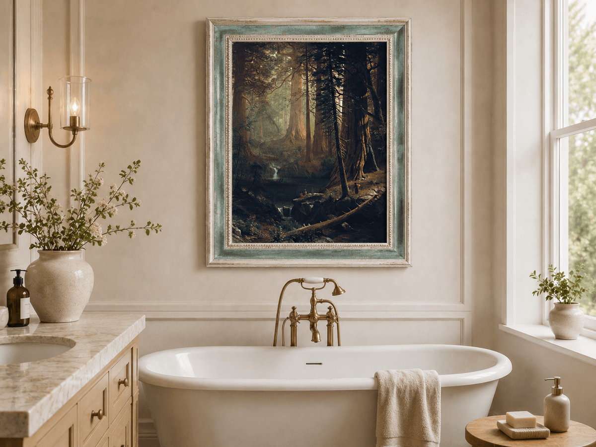 Framed hand-painted redwood forest oil painting with towering trees and filtered light displayed above a freestanding bathtub.