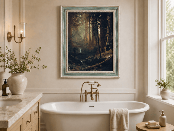 Framed hand-painted redwood forest oil painting with towering trees and filtered light displayed above a freestanding bathtub.