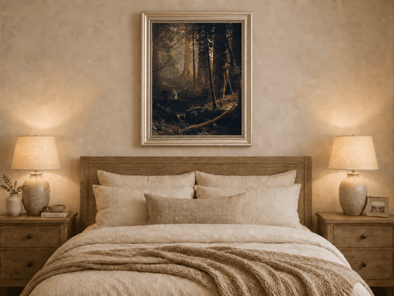 Framed hand-painted redwood forest oil painting with towering trees and filtered light displayed above a wooden bed in a neutral bedroom.