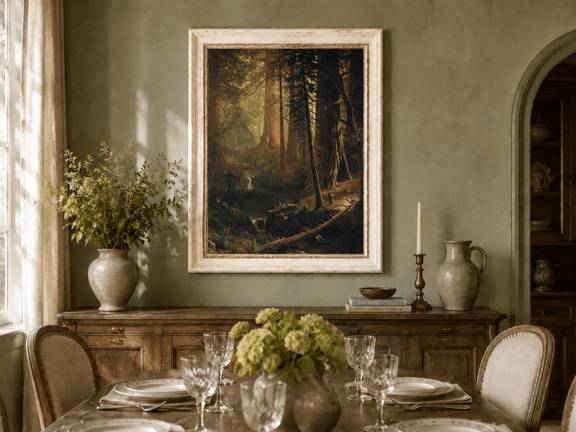 Framed hand-painted redwood forest oil painting with towering trees and filtered light displayed above a formal dining table.