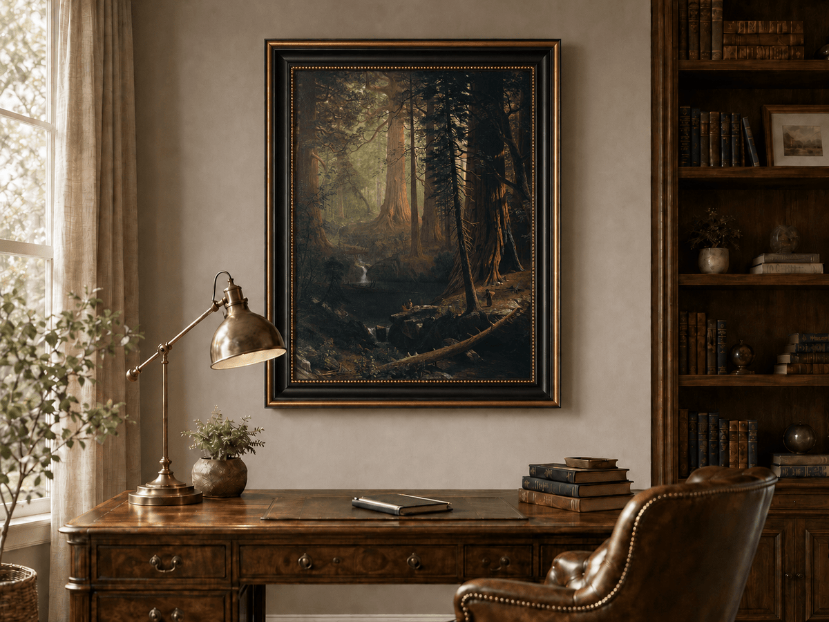 Framed hand-painted redwood forest oil painting with towering trees and filtered light displayed above a traditional home office desk.