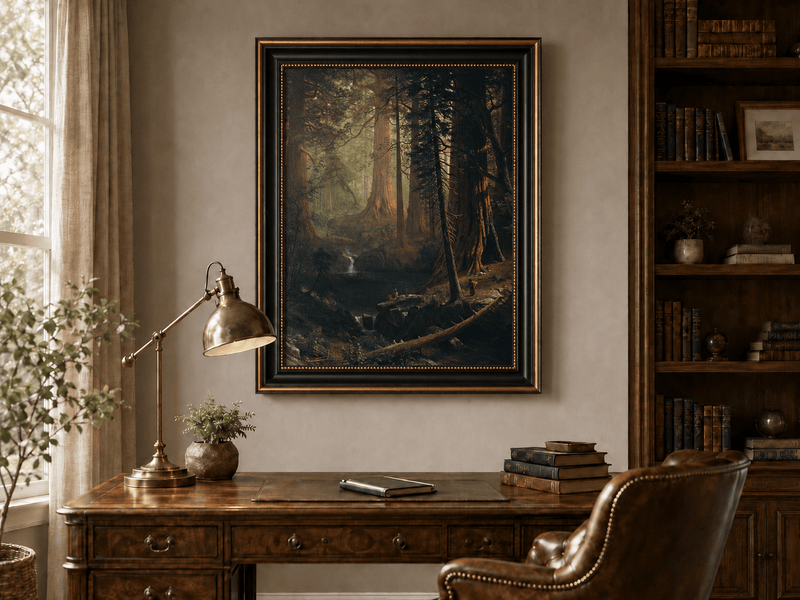 Framed hand-painted redwood forest oil painting with towering trees and filtered light displayed above a traditional home office desk.