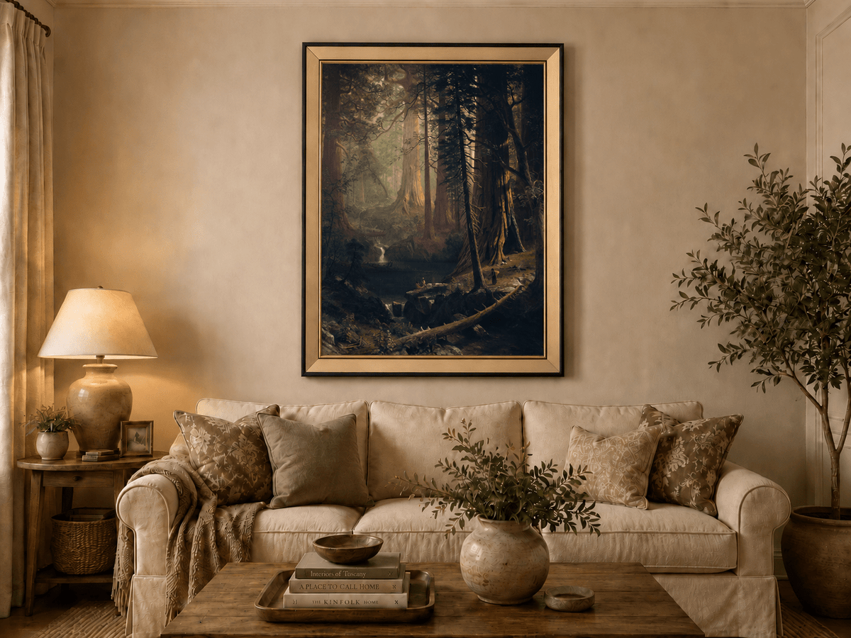 Framed hand-painted redwood forest oil painting with towering trees and filtered light displayed above a neutral living room sofa.