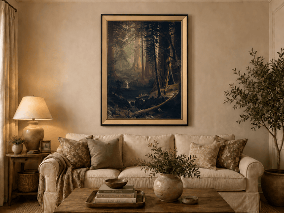Framed hand-painted redwood forest oil painting with towering trees and filtered light displayed above a neutral living room sofa.