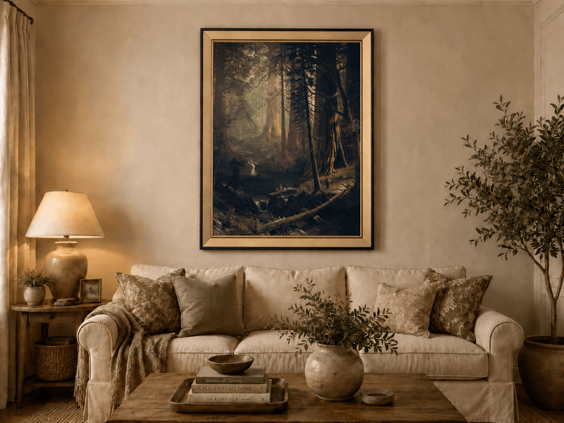 Framed hand-painted redwood forest oil painting with towering trees and filtered light displayed above a neutral living room sofa.