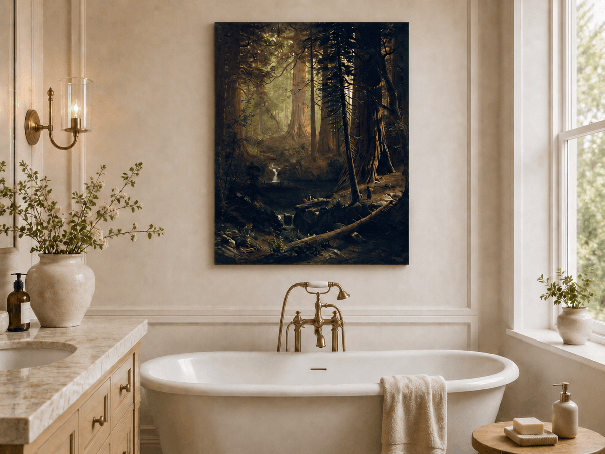 Unframed hand-painted redwood forest oil painting with towering trees and filtered light displayed above a freestanding bathtub.
