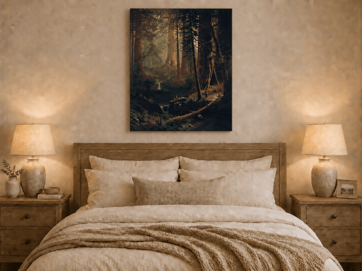 Unframed hand-painted redwood forest oil painting with towering trees and filtered light displayed above a wooden bed in a neutral bedroom.