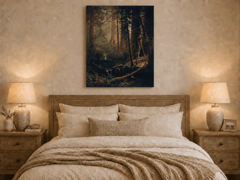 Unframed hand-painted redwood forest oil painting with towering trees and filtered light displayed above a wooden bed in a neutral bedroom.