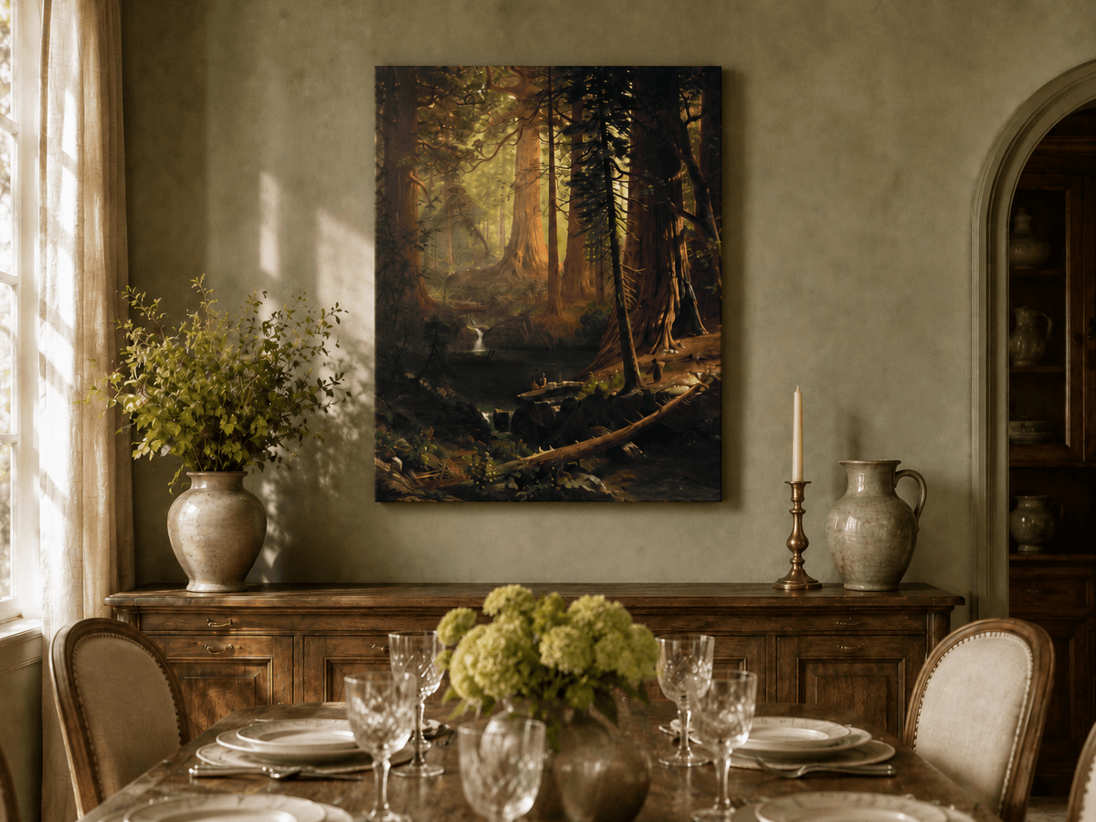 Unframed hand-painted redwood forest oil painting with towering trees and filtered light displayed above a formal dining table.