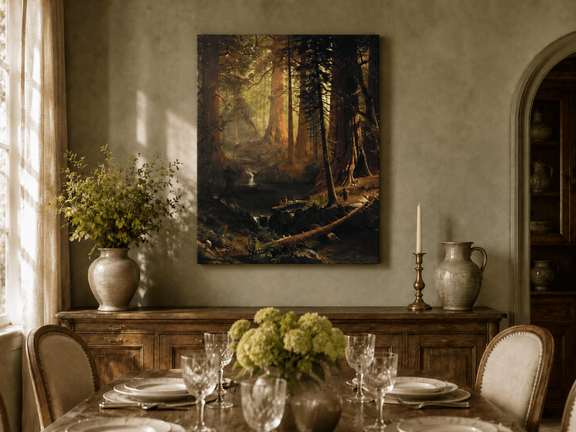 Unframed hand-painted redwood forest oil painting with towering trees and filtered light displayed above a formal dining table.