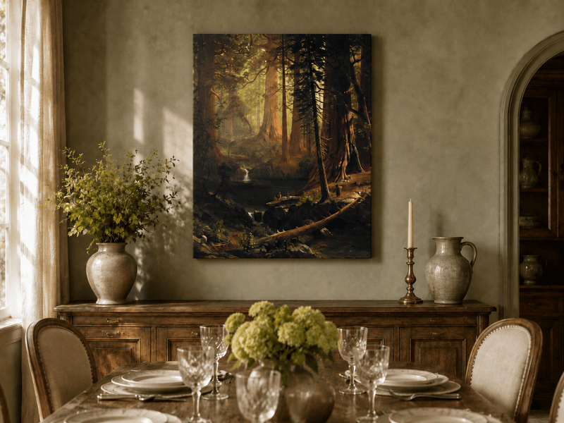 Unframed hand-painted redwood forest oil painting with towering trees and filtered light displayed above a formal dining table.