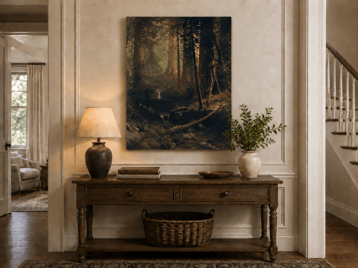 Unframed hand-painted redwood forest oil painting with towering trees and filtered light displayed above an entryway console table.