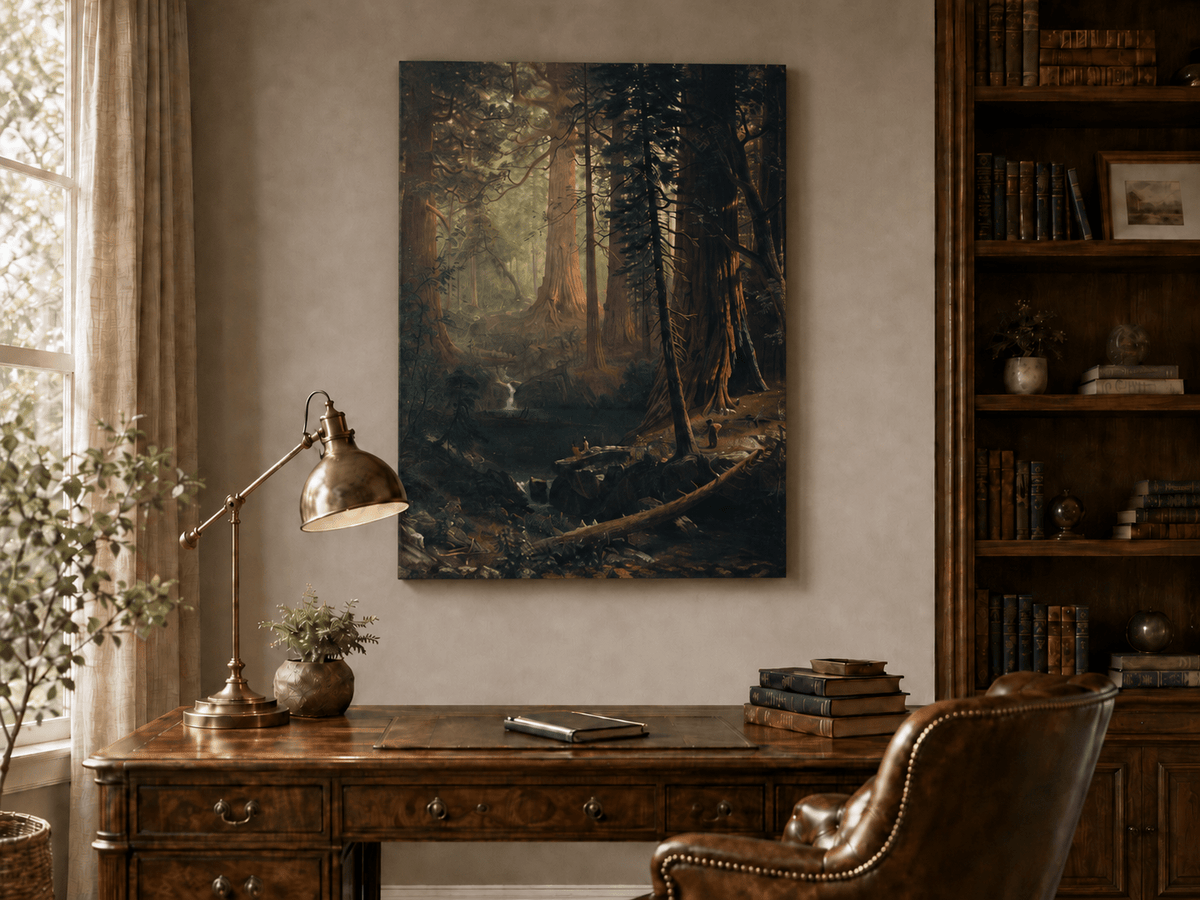 Unframed hand-painted redwood forest oil painting with towering trees and filtered light displayed above a traditional home office desk.