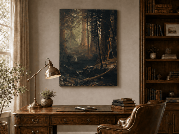 Unframed hand-painted redwood forest oil painting with towering trees and filtered light displayed above a traditional home office desk.