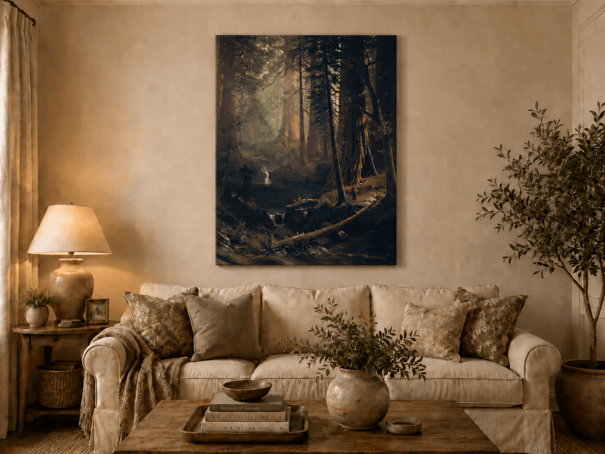 Unframed hand-painted redwood forest oil painting with towering trees and filtered light displayed above a neutral living room sofa.