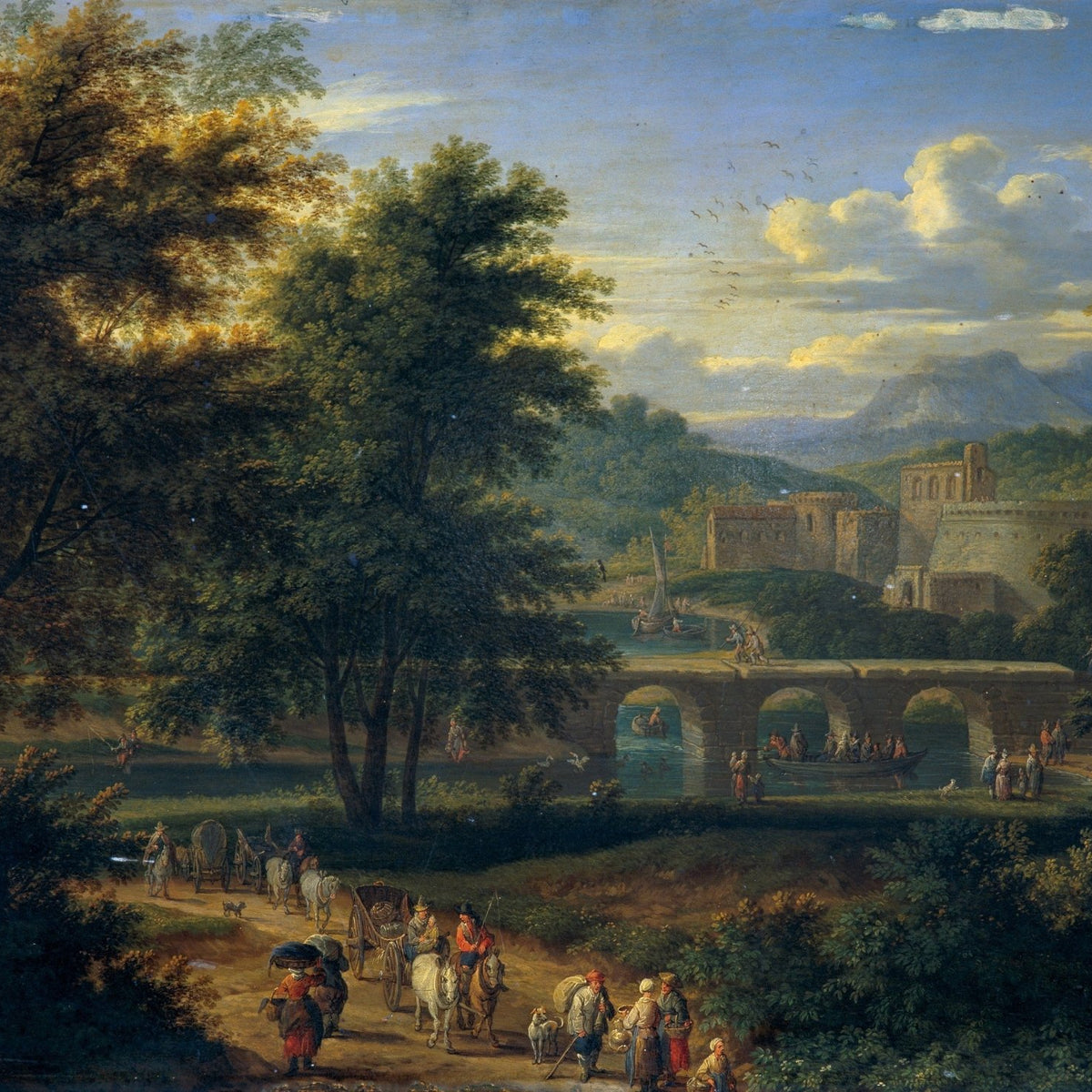 River Bridge, Travelers in Classical Countryside - Landscape Oil Painting - Oil Painting Haven
