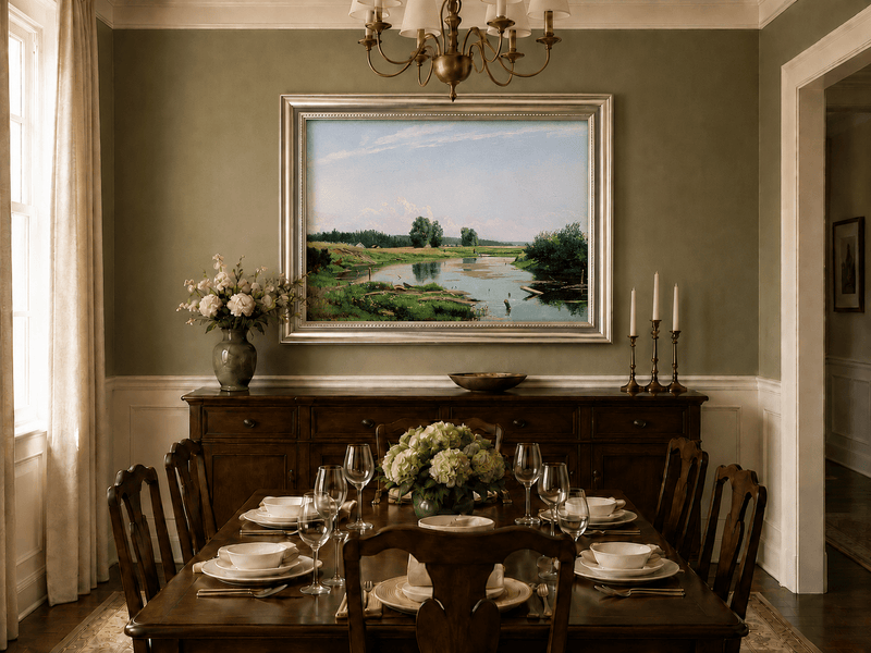 Framed hand-painted countryside oil painting with a winding river, green fields and trees displayed above a formal dining table.