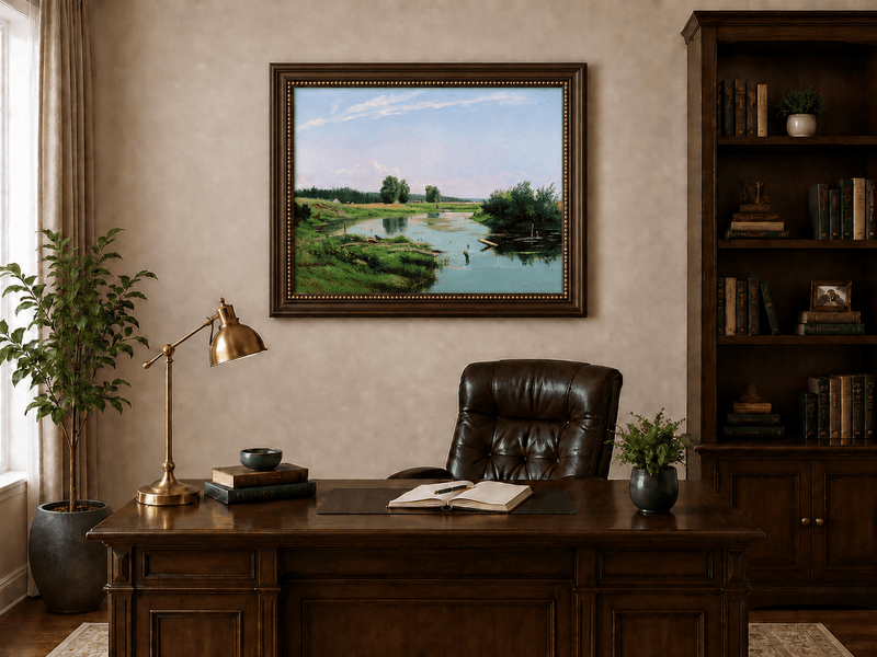 Framed hand-painted countryside oil painting with a winding river, green fields and trees displayed above a traditional home office desk.