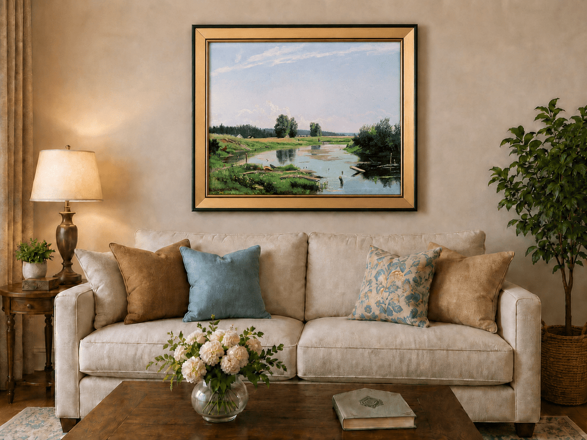 Framed hand-painted countryside oil painting with a winding river, green fields and trees displayed above a neutral living room sofa.