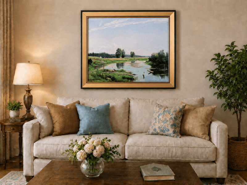Framed hand-painted countryside oil painting with a winding river, green fields and trees displayed above a neutral living room sofa.