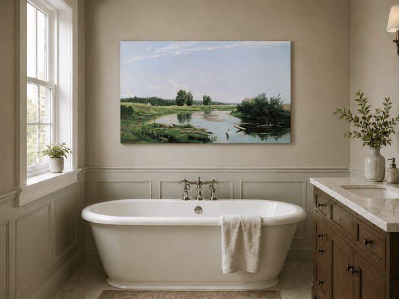 Unframed hand-painted countryside oil painting with a winding river, green fields and trees displayed above a freestanding bathtub.