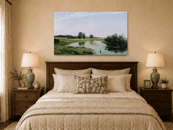 Unframed hand-painted countryside oil painting with a winding river, green fields and trees displayed above a wooden bed in a neutral bedroom.