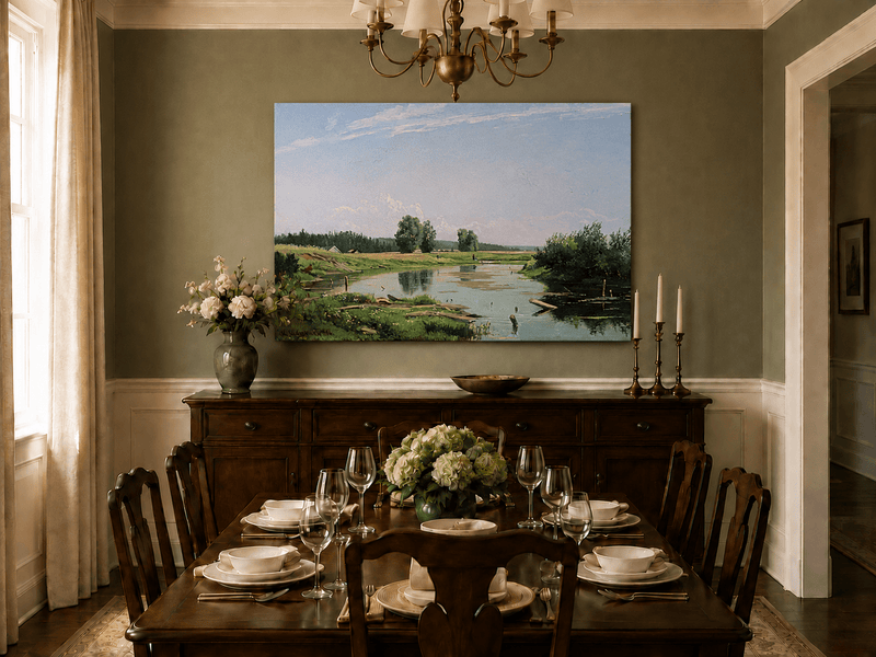 Unframed hand-painted countryside oil painting with a winding river, green fields and trees displayed above a formal dining table.