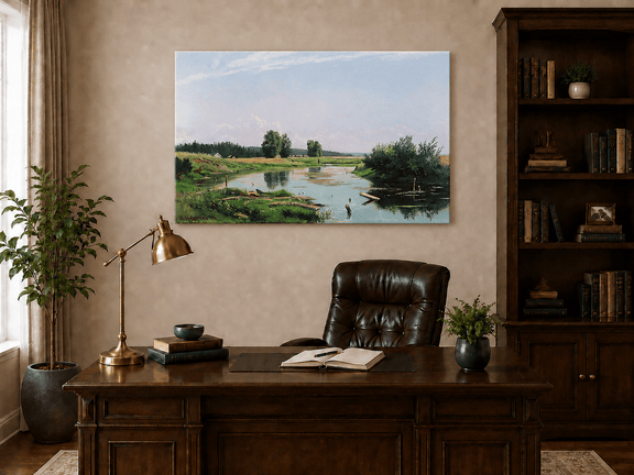 Unframed hand-painted countryside oil painting with a winding river, green fields and trees displayed above a traditional home office desk.