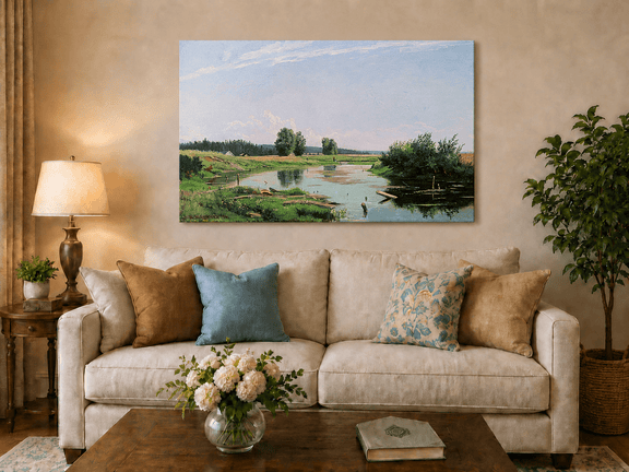 Unframed hand-painted countryside oil painting with a winding river, green fields and trees displayed above a neutral living room sofa.