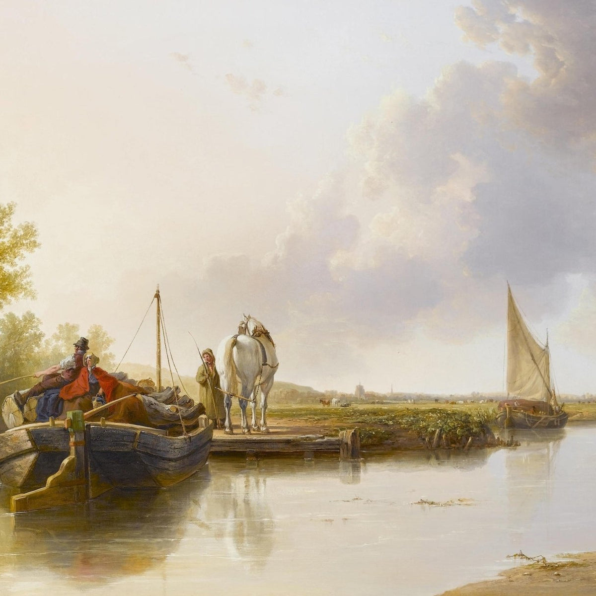 River Crossing with Boats and Figures – Landscape Oil Painting - Oil Painting Haven