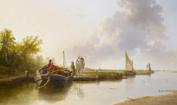 River Crossing with Boats and Figures – Landscape Oil Painting - Oil Painting Haven