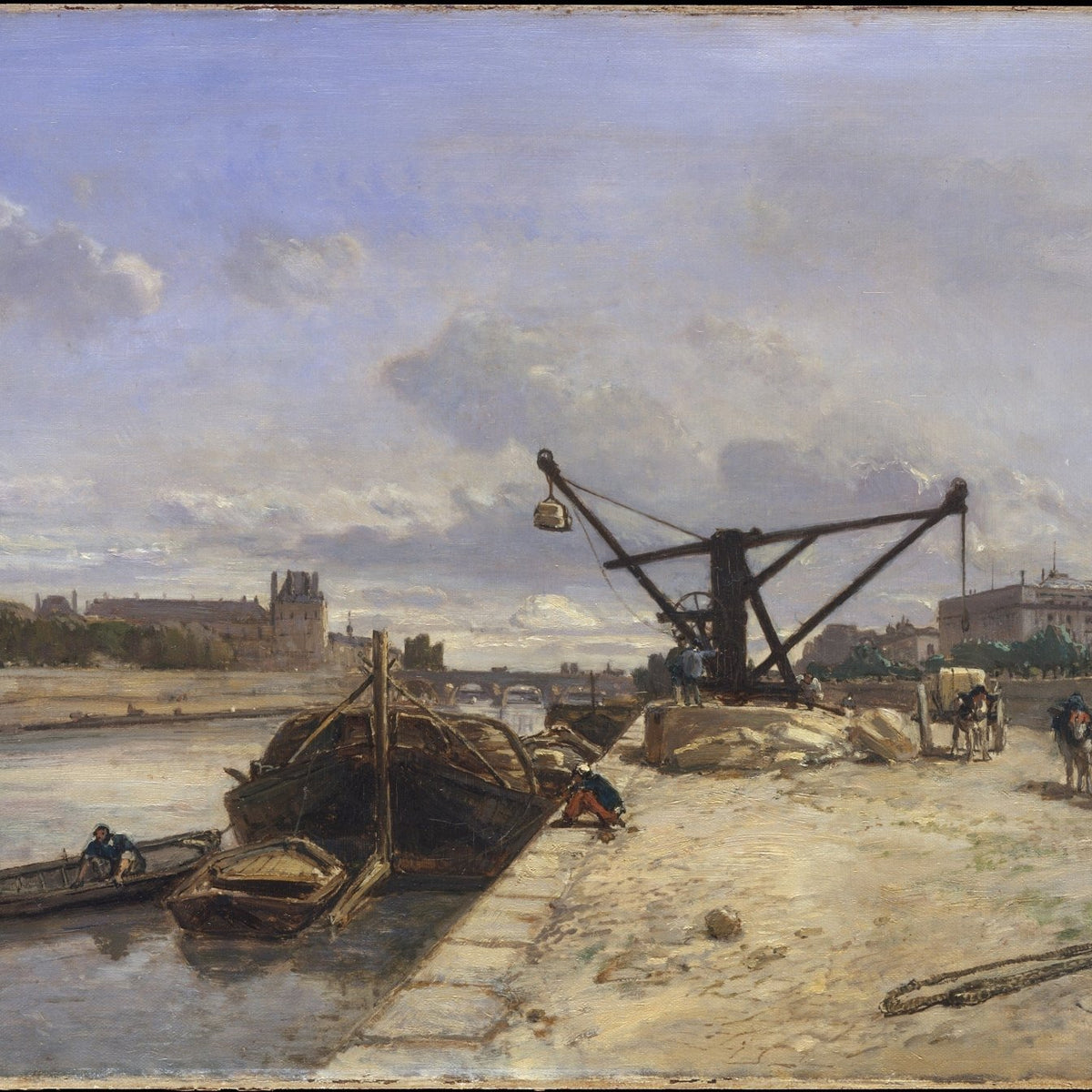 River Dock with Boats and Crane - Landscape Oil Painting - Oil Painting Haven