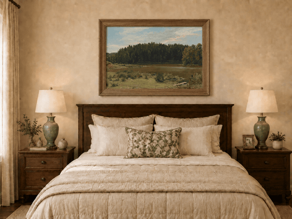 Framed hand-painted river landscape oil painting with wetlands and a dark forest edge displayed above a wooden bed in a neutral bedroom.