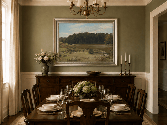 Framed hand-painted river landscape oil painting with wetlands and a dark forest edge displayed above a formal dining table.