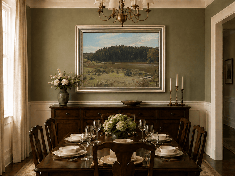 Framed hand-painted river landscape oil painting with wetlands and a dark forest edge displayed above a formal dining table.