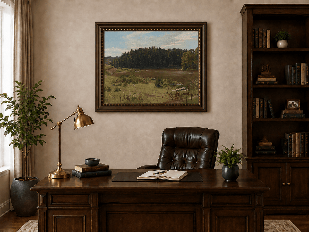 Framed hand-painted river landscape oil painting with wetlands and a dark forest edge displayed above a traditional home office desk.
