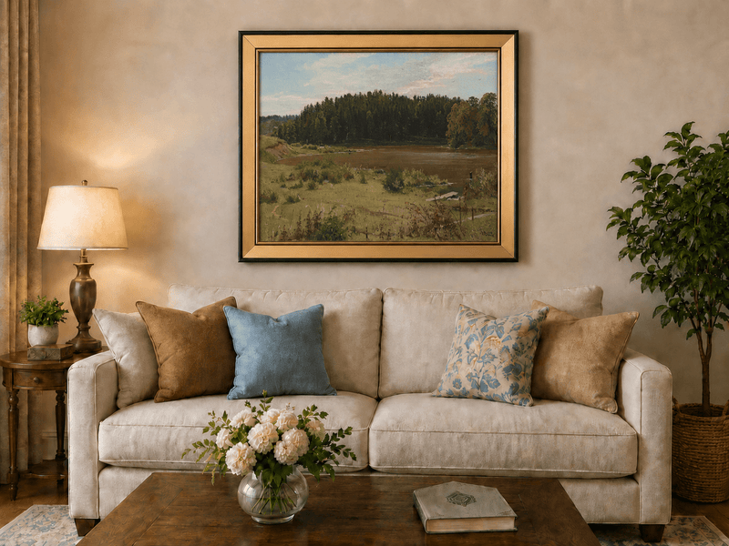 Framed hand-painted river landscape oil painting with wetlands and a dark forest edge displayed above a neutral living room sofa.