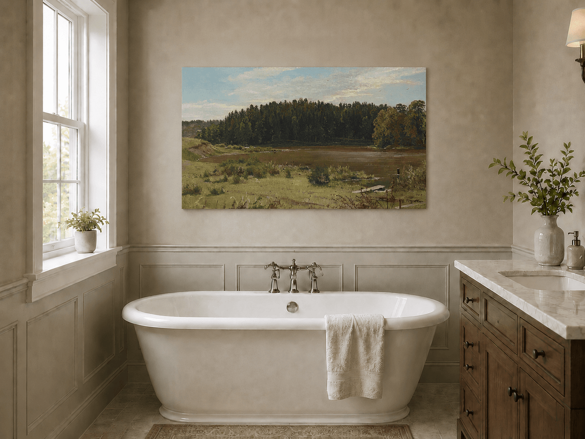 Unframed hand-painted river landscape oil painting with wetlands and a dark forest edge displayed above a freestanding bathtub.
