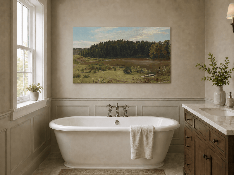 Unframed hand-painted river landscape oil painting with wetlands and a dark forest edge displayed above a freestanding bathtub.