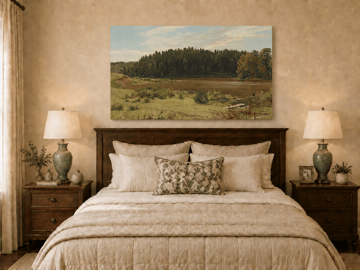 Unframed hand-painted river landscape oil painting with wetlands and a dark forest edge displayed above a wooden bed in a neutral bedroom.