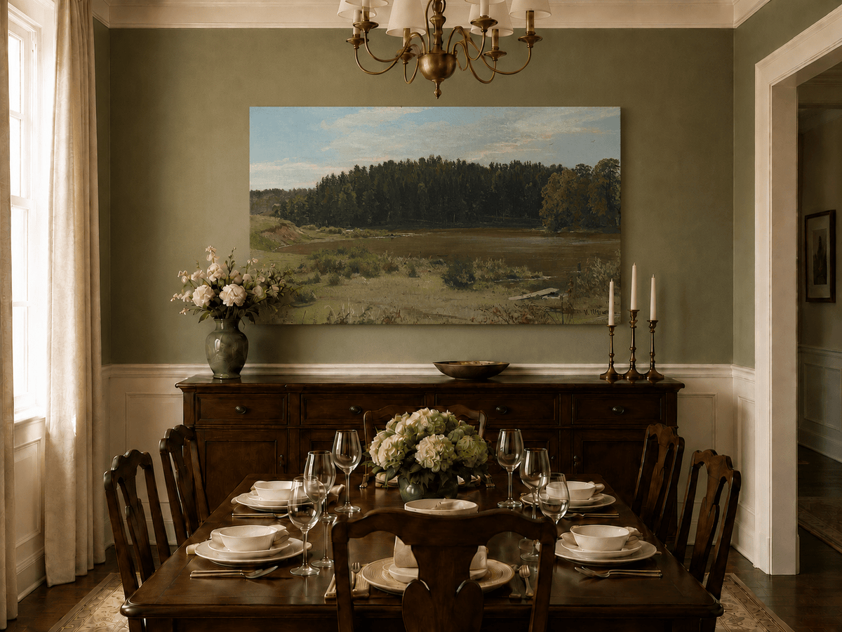 Unframed hand-painted river landscape oil painting with wetlands and a dark forest edge displayed above a formal dining table.