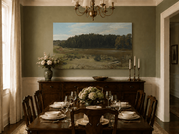 Unframed hand-painted river landscape oil painting with wetlands and a dark forest edge displayed above a formal dining table.